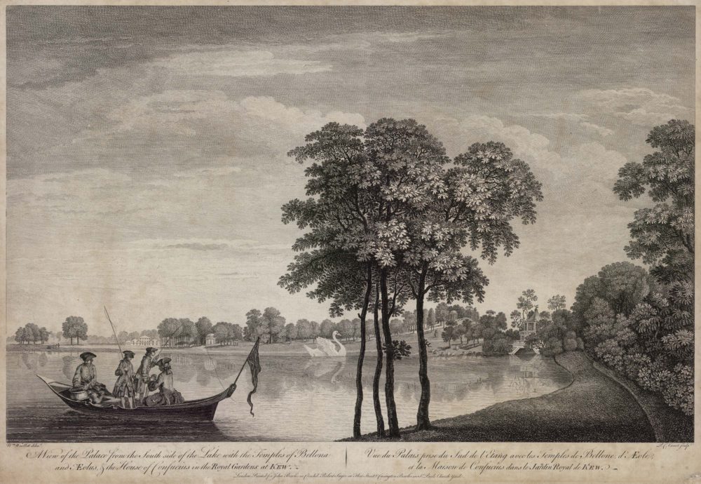 A View of the Palace from the South side of the Lake with the Temples of Bellona and Aeolus and the House of Confucius in the Royal Gardens at Kew