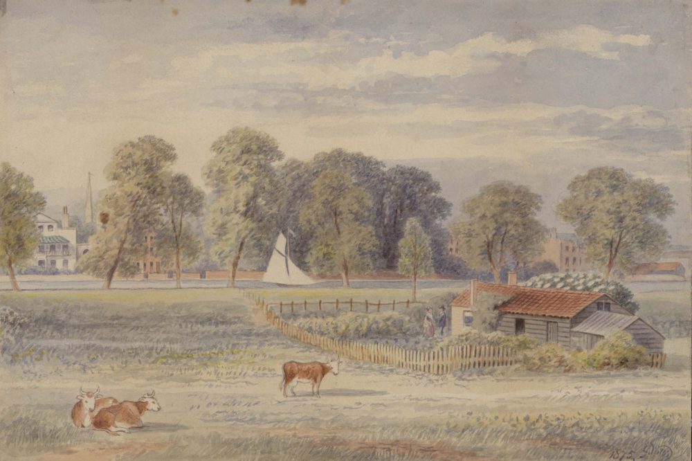 Cottage on the site of Barnes Reservour with Hammersmith Mill beyond