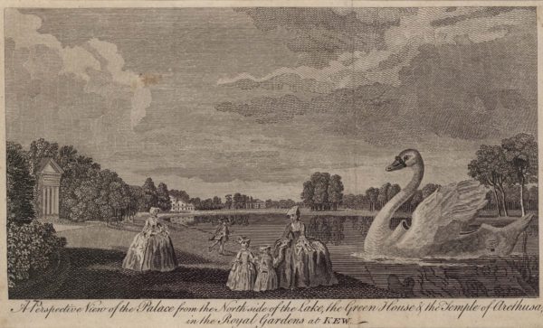 A Perspective View of the Palace from the Northside of the Lake, the Green House and the Temple of Arethusa, in the Royal Gardens at Kew
