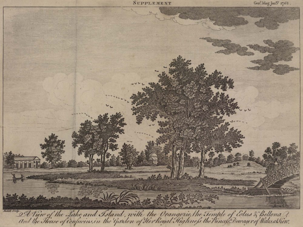 A View of the Lake and Island with the Orangerie, the Temple of Eolus and Bellona and the House of Confucius in the Garden of her Royal Highness the Princess Dowager of Wales at Kew