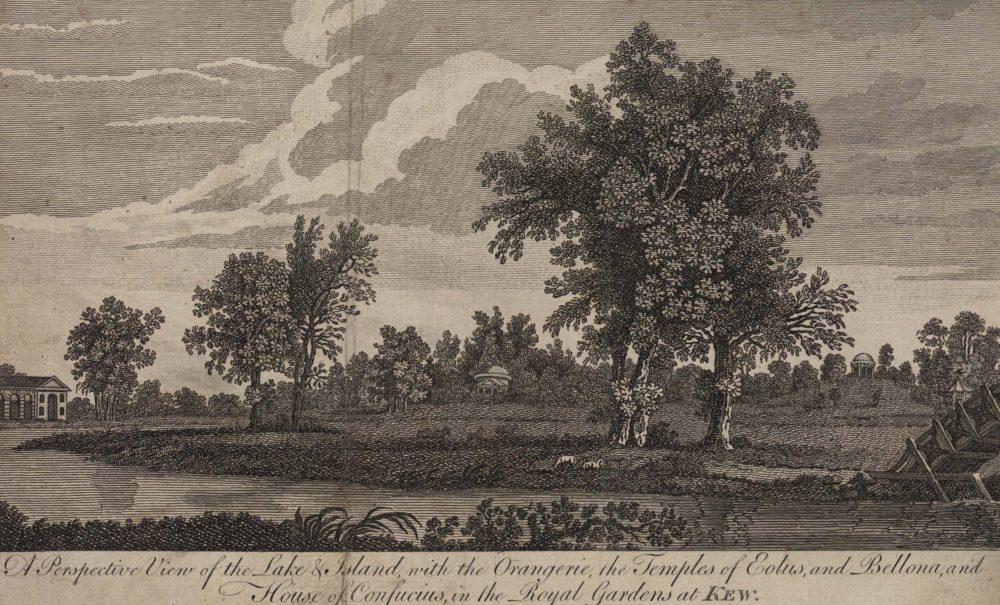 A Perspective View of the Lake and Island with the Orangerie, the Temple of Eolus and Bellona, and House of Confucius, in the Royal Garden at Kew