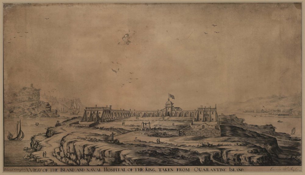A View of the Island and Naval Hospital of the King taken from Quarantine Island