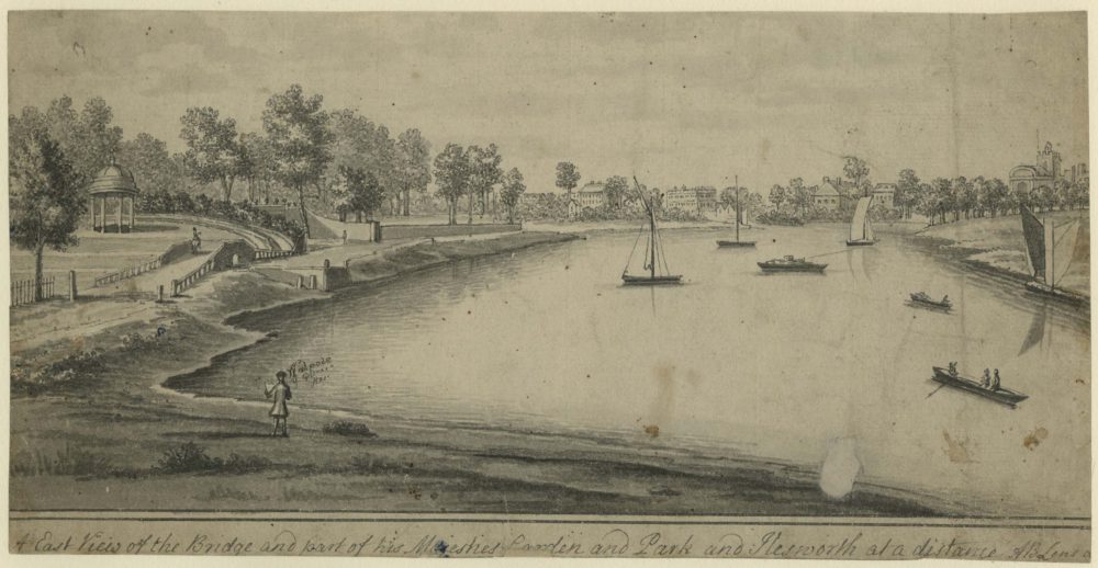 A East View of the Bridge and part of his Majesties Garden and Park and Ilesworth at a distance