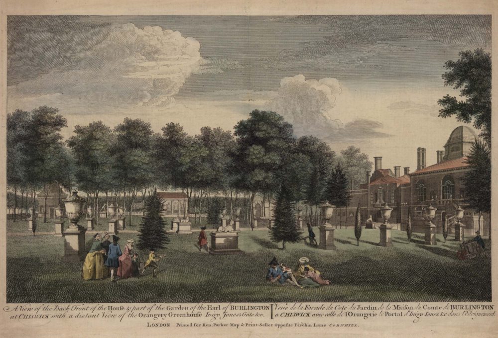 A View of the Back Front of the House and part of the Garden of the Earl of Burlington at Chiswick with a distant View of the Orangery Greenhouse Inigo Jones’s Gate and c.