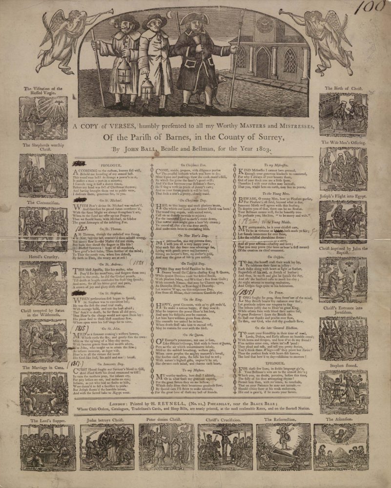A Copy of Verses humbly presented to all my worthy masters and mistresses of the Parish of Barnes in the Country of Surrey By John Ball Beadle and Bellman for the Year 1803