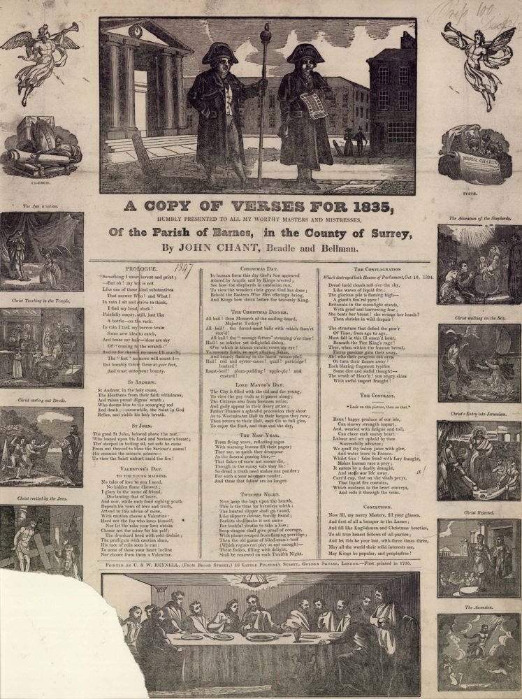 A Copy of Verses for 1835 humbly presented to all my worthy master and mistresses of the Parish of Barnes in the County of Surrey by John Chant Beadle and Bellman