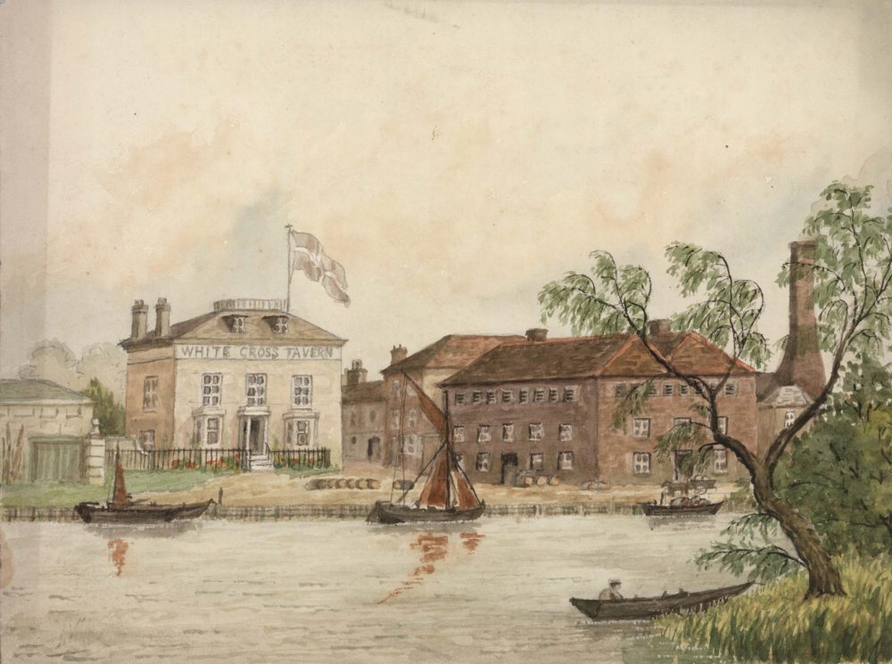 The White Cross, Waterside, Richmond, Surrey also showing the old brewery about 1860