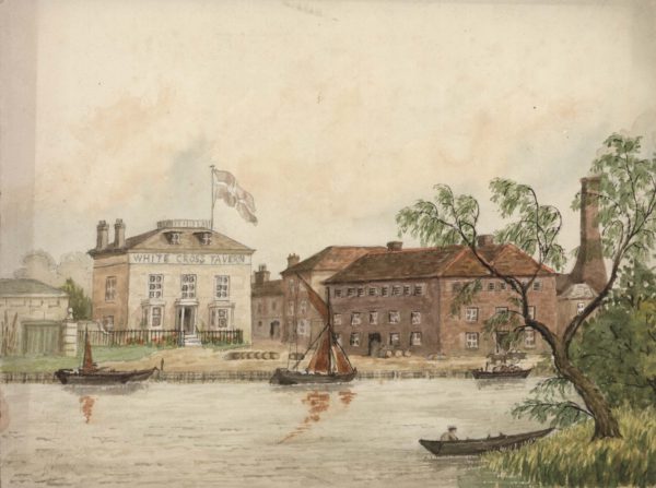 The White Cross, Waterside, Richmond, Surrey also showing the old brewery about 1860