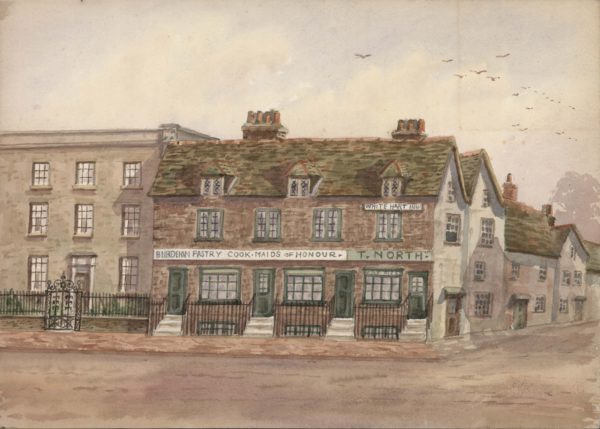 Maids of Honour shop, Hill Street, Richmond showing Water Lane circa 1800