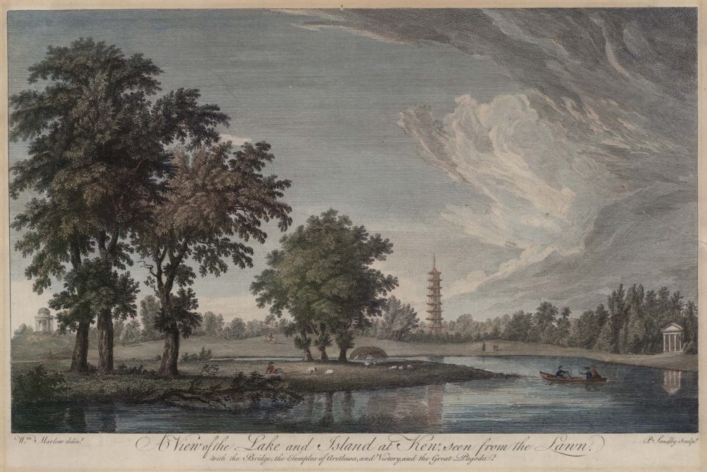 A View of the Lake and Island seen from the Lawn, with the Bridge, the Temples of Arethusa, and Victory, & the great Pagoda, in the Royal Gardens at Kew