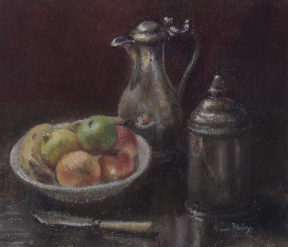 Painting of a bowl of fruit with a silver pitcher and coffee pot