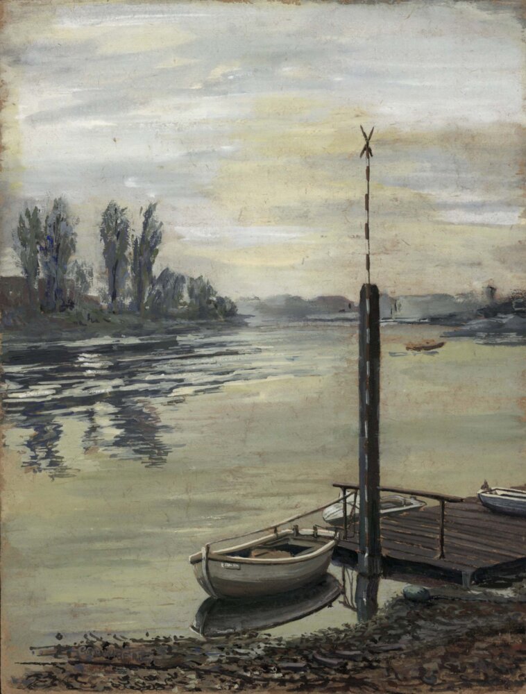 Watercolour of a view across the Thames in Hammersmith with a boat in the foreground