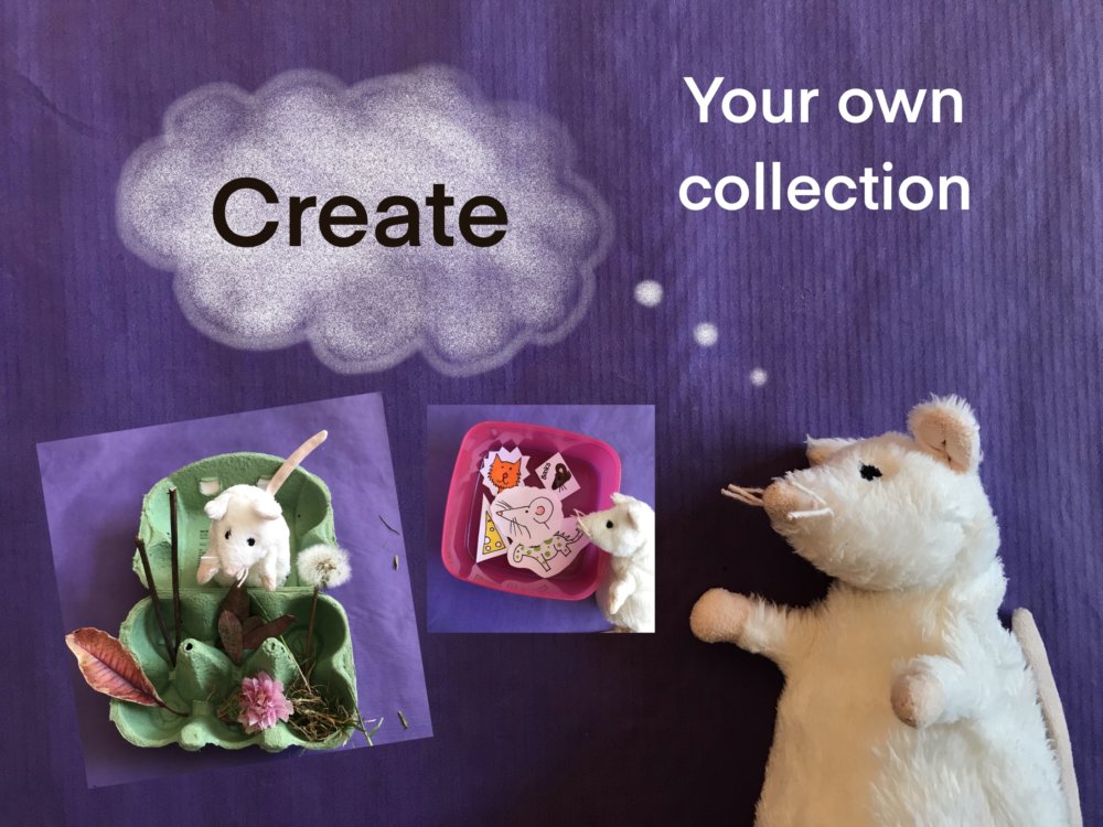 Nellie the mouse thinking about her collections and what she can create