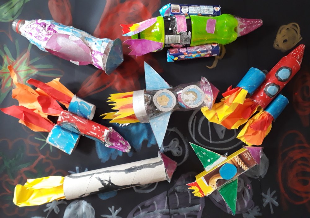 A picture of rockets made from recycled materials