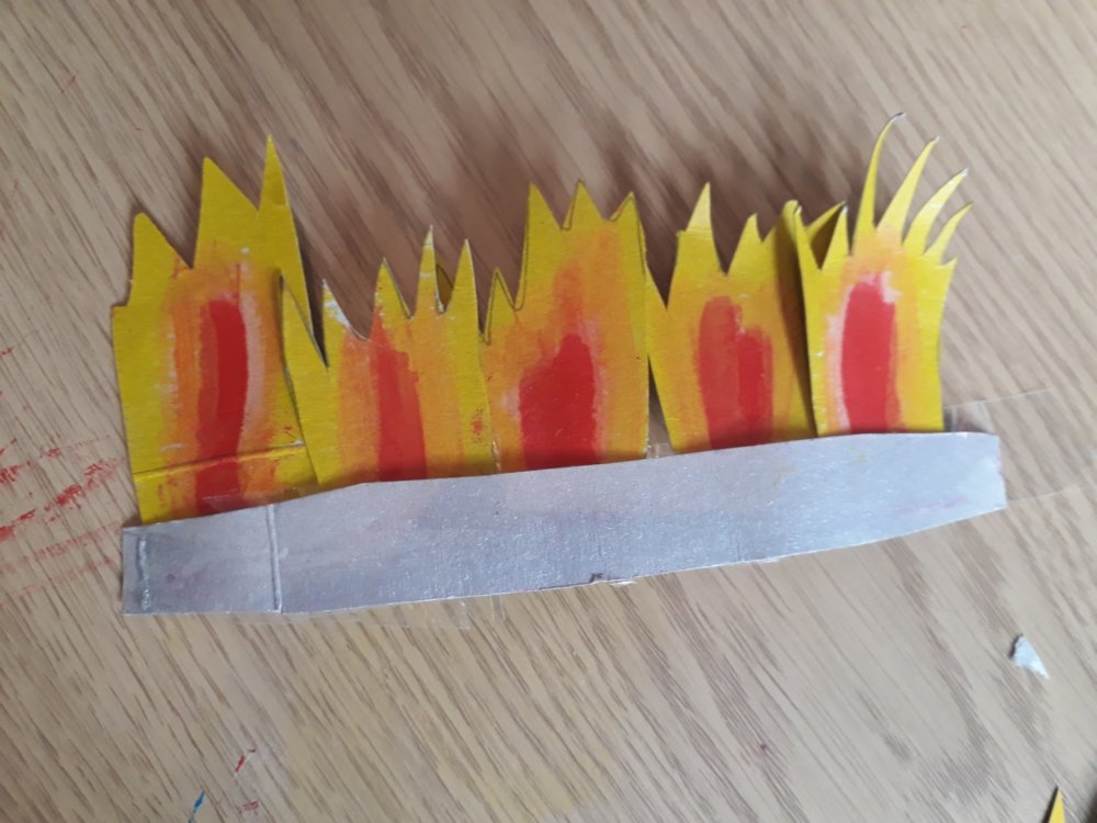 Strip of cardboard with flames facing forwards