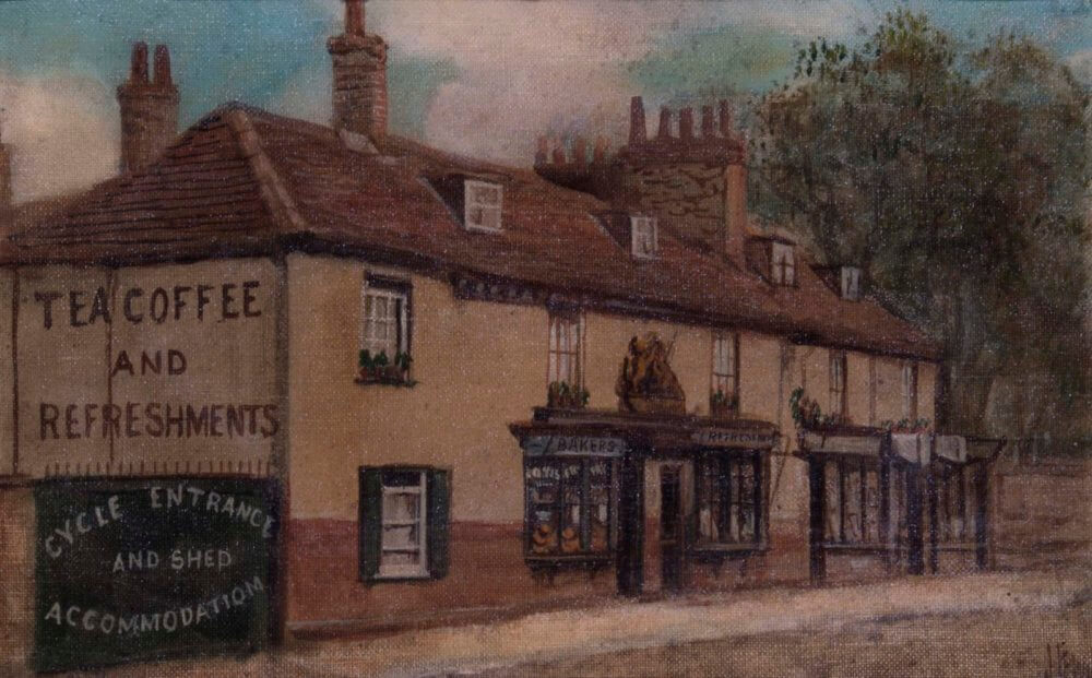 A painting of the outside of a bakery