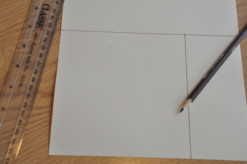 Paper with a square drawn on it, pencil and ruler