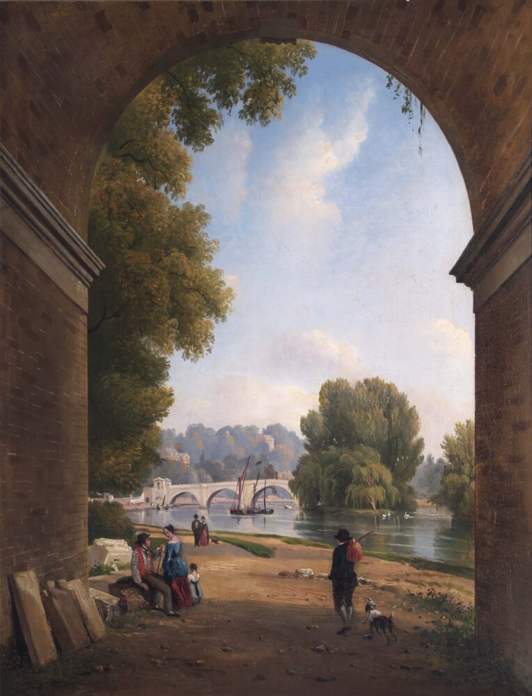 A painting showing the view of the Thames through a tunnel. You can see trees, a bridge, people and the sky.
